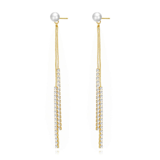 Gold Plated Pearl Dangle Earrings Created with Zircondia® Crystals