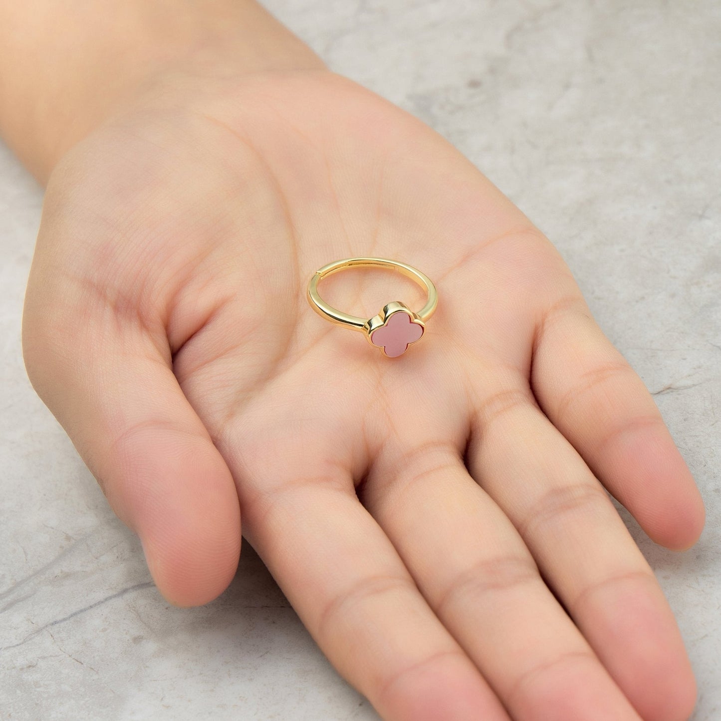 Gold Plated Pink Mother of Pearl Gemstone Adjustable Clover Ring