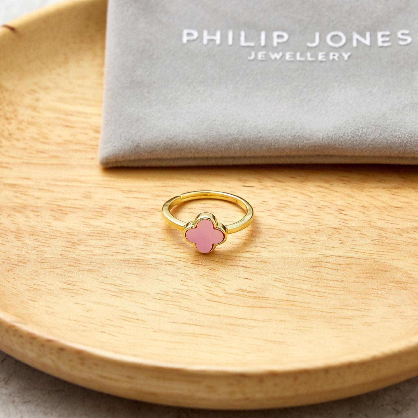 Gold Plated Pink Mother of Pearl Gemstone Adjustable Clover Ring