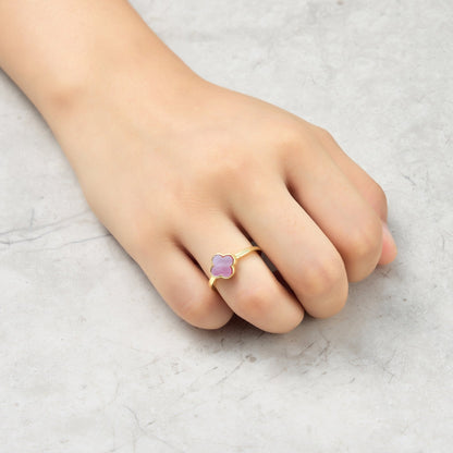 Gold Plated Pink Mother of Pearl Gemstone Adjustable Clover Ring