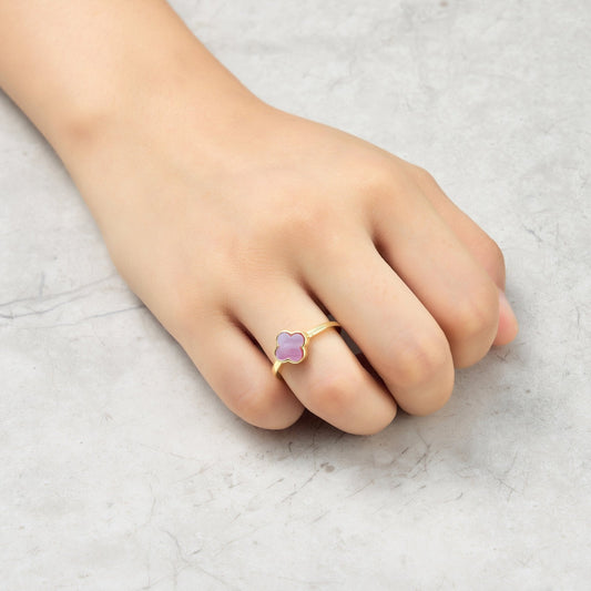 Gold Plated Pink Mother of Pearl Gemstone Adjustable Clover Ring