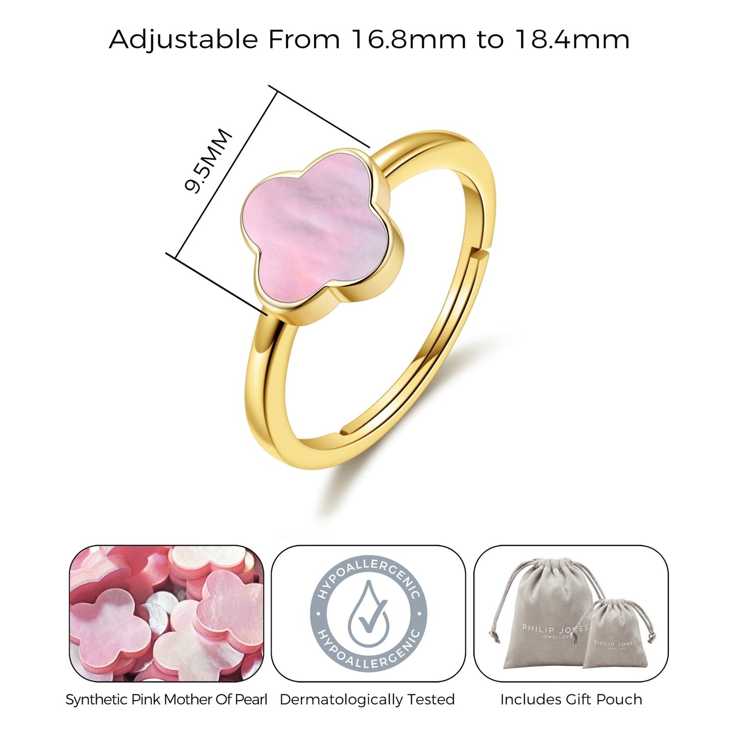 Gold Plated Pink Mother of Pearl Gemstone Adjustable Clover Ring