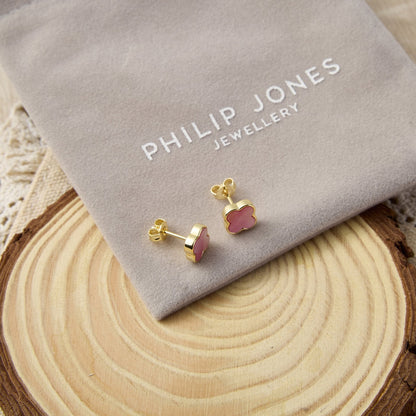 Gold Plated Pink Mother of Pearl Gemstone Clover Earrings