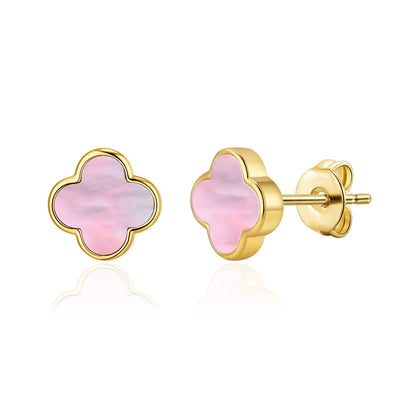 Gold Plated Pink Mother of Pearl Gemstone Clover Earrings