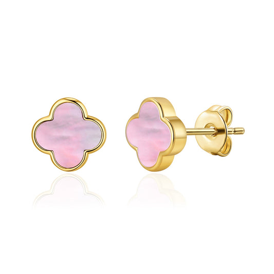 Gold Plated Pink Mother of Pearl Gemstone Clover Earrings