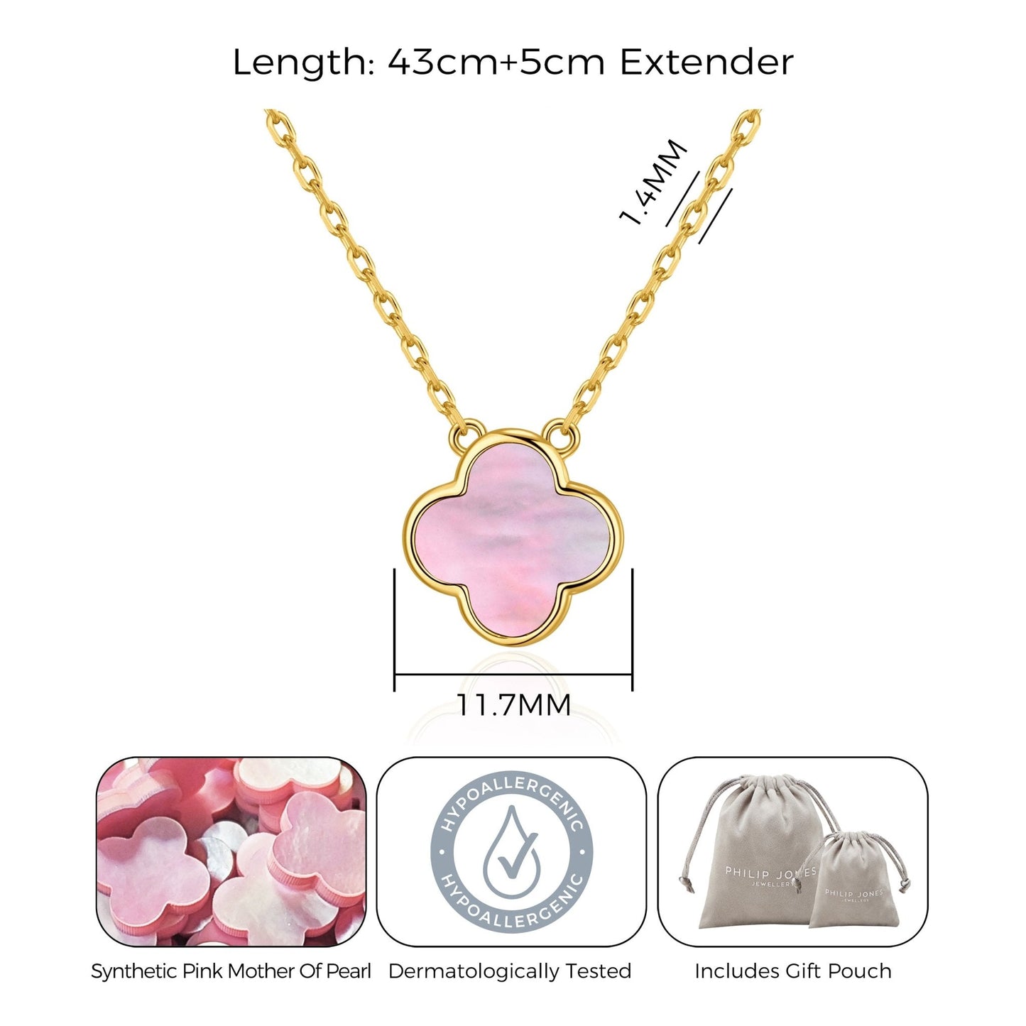 Gold Plated Pink Mother of Pearl Gemstone Clover Necklace