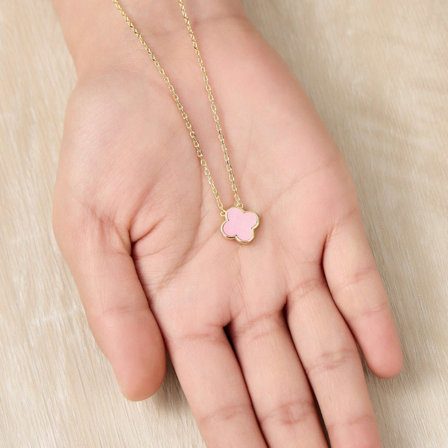 Gold Plated Pink Mother of Pearl Gemstone Clover Necklace