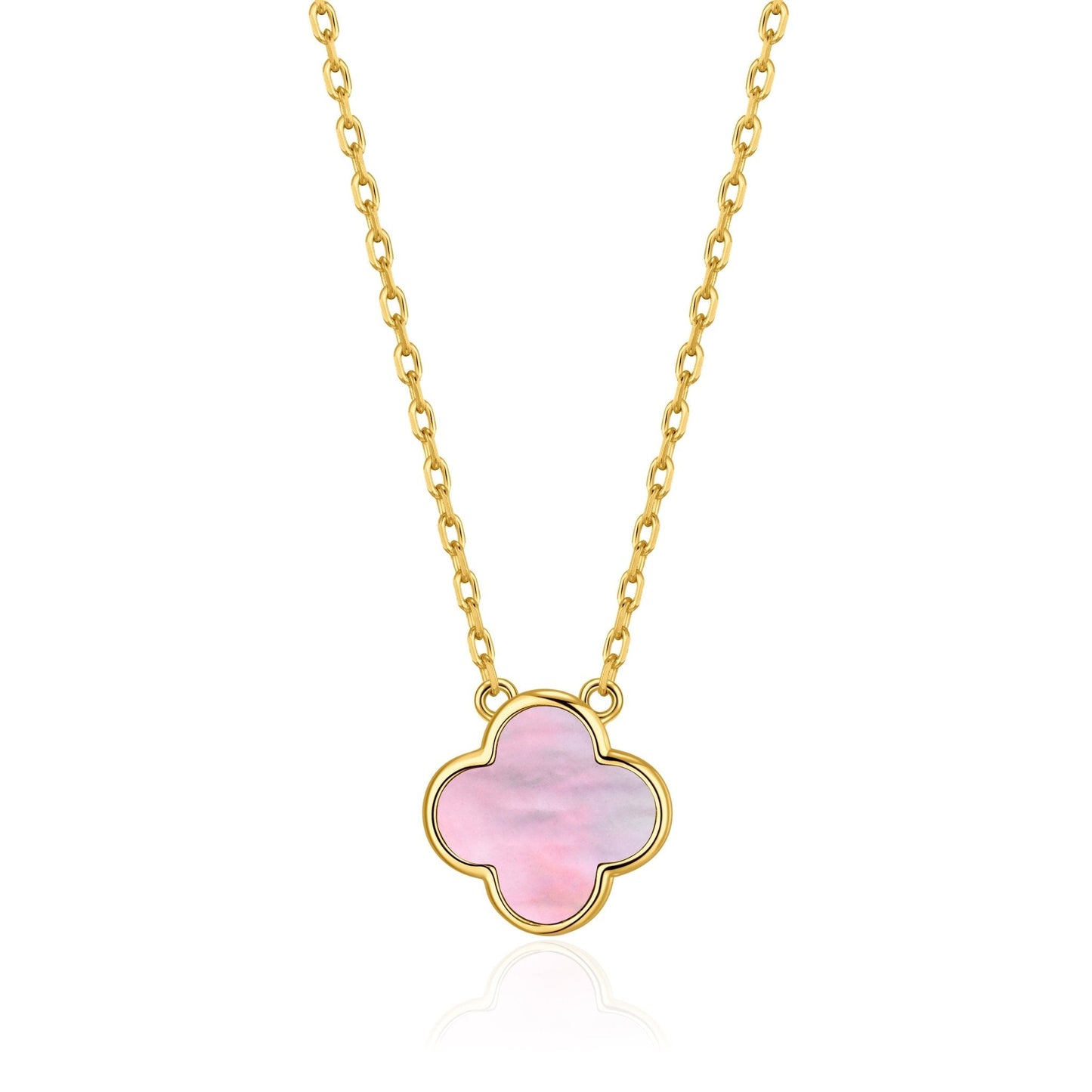 Gold Plated Pink Mother of Pearl Gemstone Clover Necklace