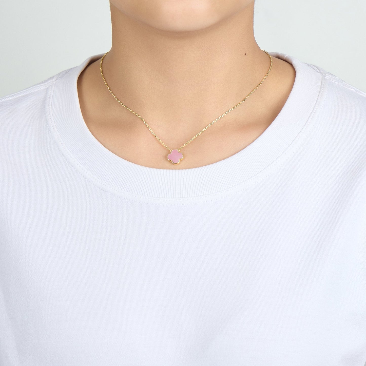 Gold Plated Pink Mother of Pearl Gemstone Clover Necklace