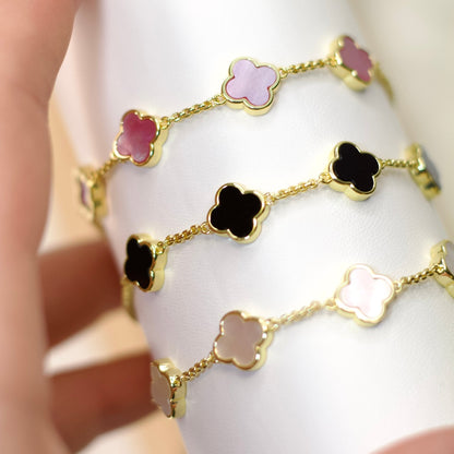 Gold Plated Pink Mother Of Pearl Multi Clover Friendship Bracelet