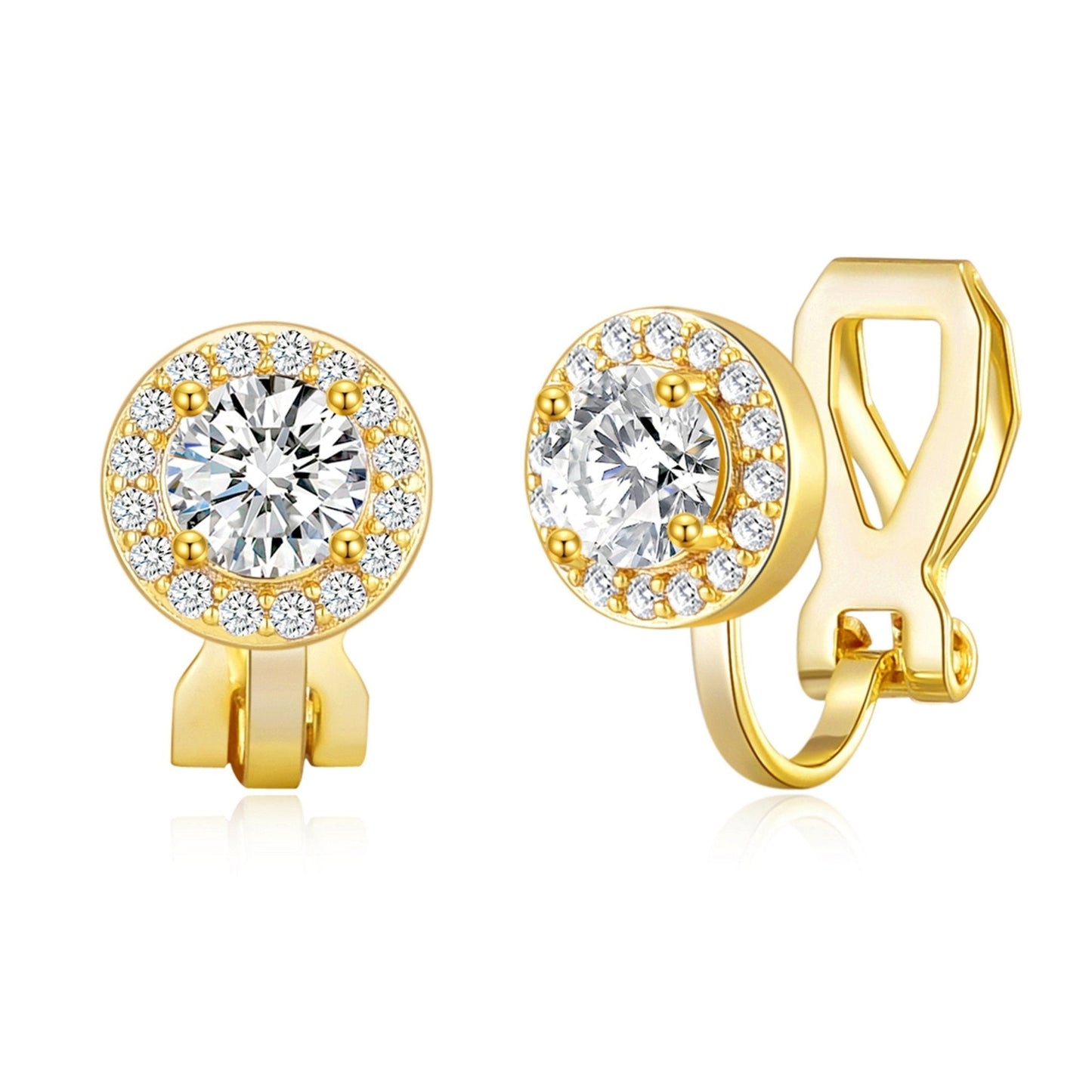 Gold Plated Round Halo Clip On Earrings Created with Zircondia® Crystals