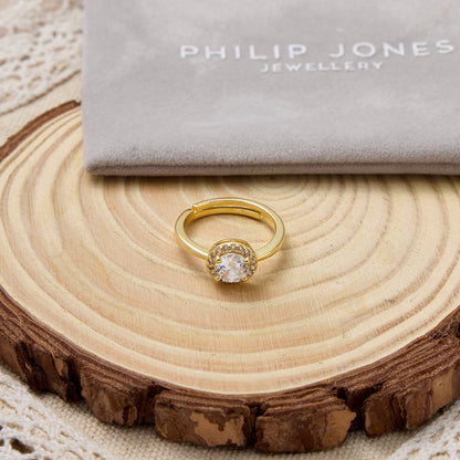 Gold Plated Round Halo Ring Created with Zircondia® Crystals