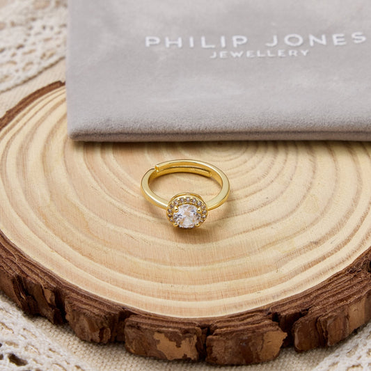 Gold Plated Round Halo Ring Created with Zircondia® Crystals
