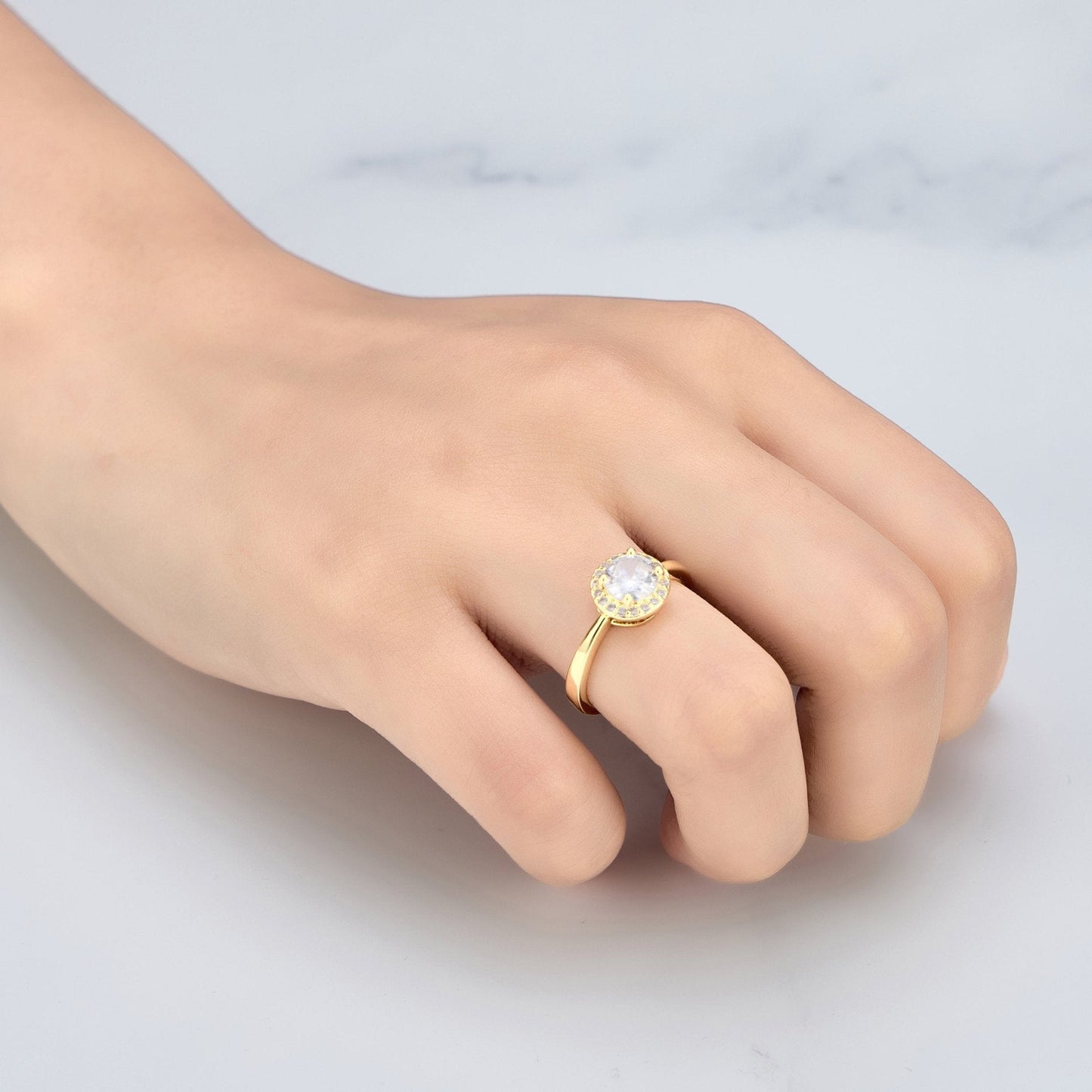 Gold Plated Round Halo Ring Created with Zircondia® Crystals