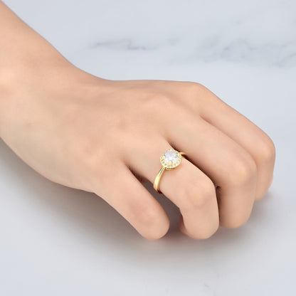Gold Plated Round Halo Ring Created with Zircondia® Crystals