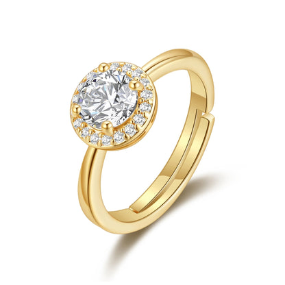 Gold Plated Round Halo Ring Created with Zircondia® Crystals