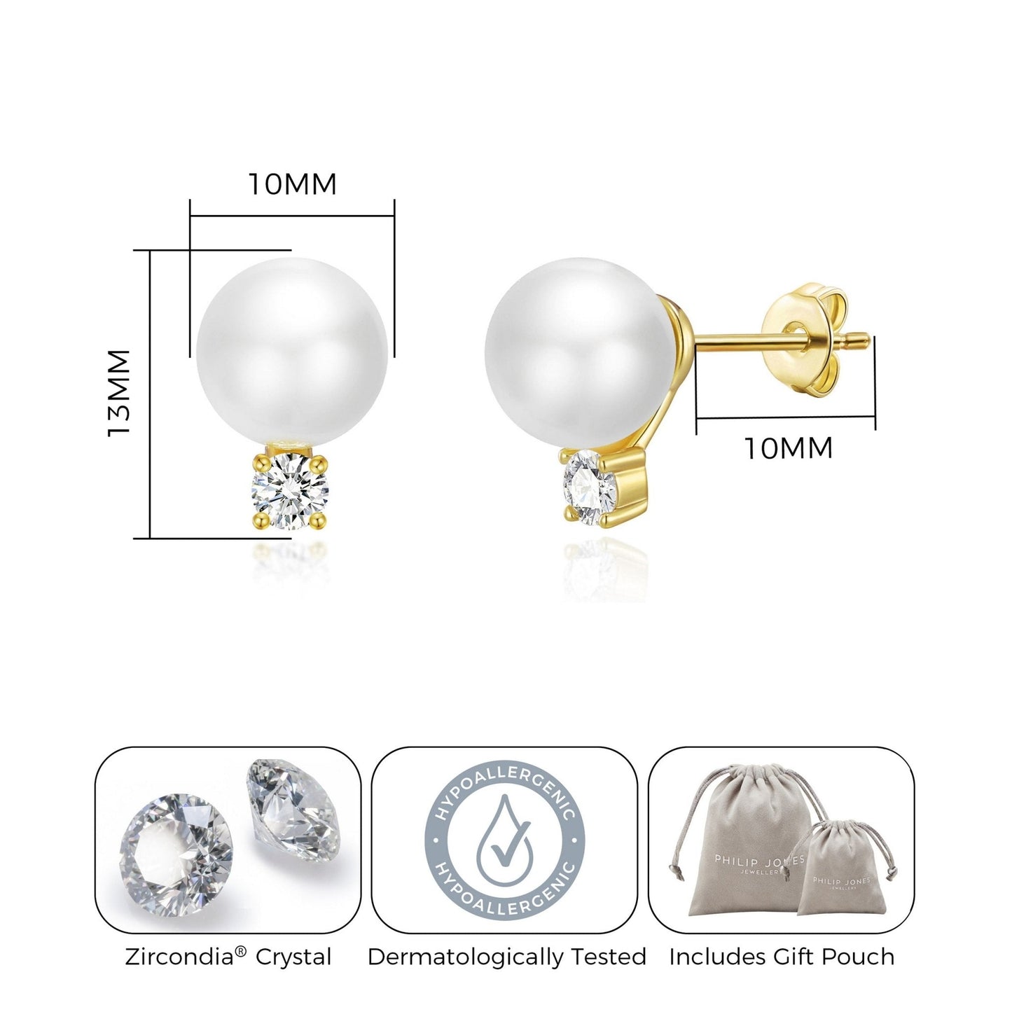 Gold Plated Round Shell Pearl Earrings Created with Zircondia® Crystals