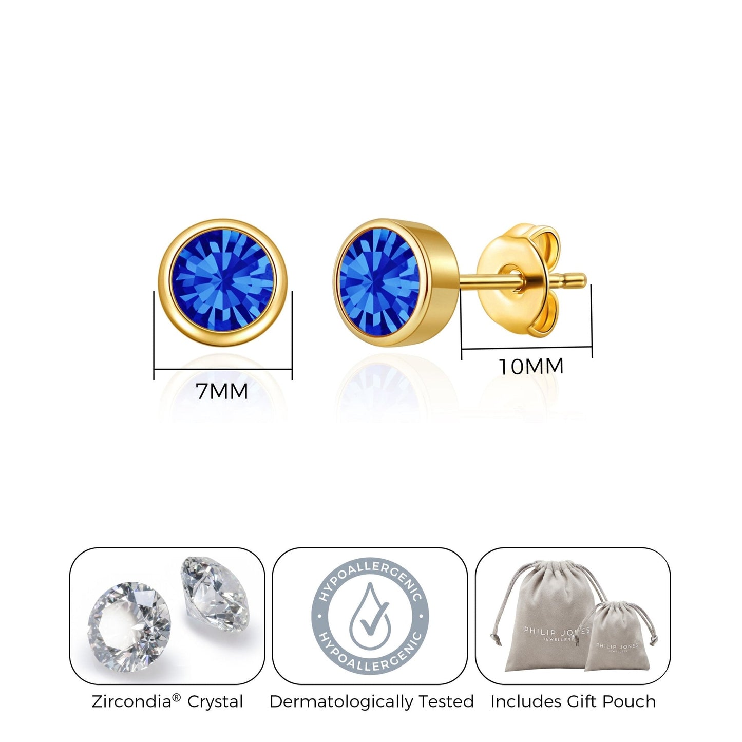 Boucles d'oreilles plaquées or 18 carats avec pierre de naissance de septembre (saphir) créées avec des cristaux Zircondia®