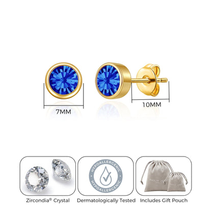 Boucles d'oreilles plaquées or 18 carats avec pierre de naissance de septembre (saphir) créées avec des cristaux Zircondia®