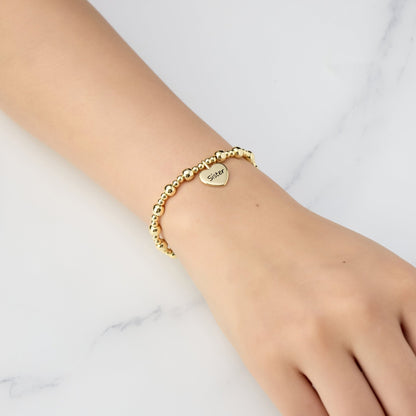 Gold Plated Sister Heart Charm Beaded Stretch Bracelet