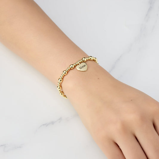 Gold Plated Sister Heart Charm Beaded Stretch Bracelet