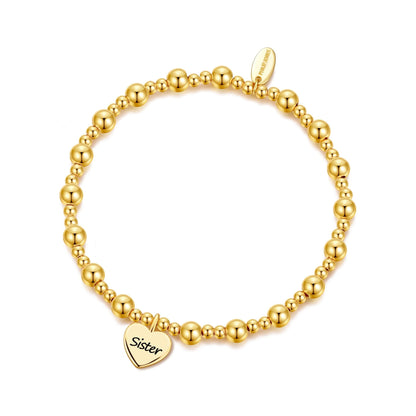 Gold Plated Sister Heart Charm Beaded Stretch Bracelet