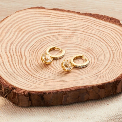 Gold Plated Solitaire Drop Hoop Earrings Created with Zircondia® Crystals