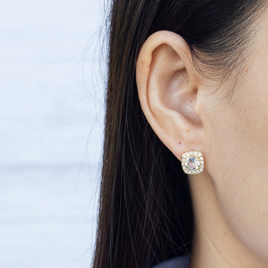 Gold Plated Square Halo Earrings Created with Zircondia® Crystals