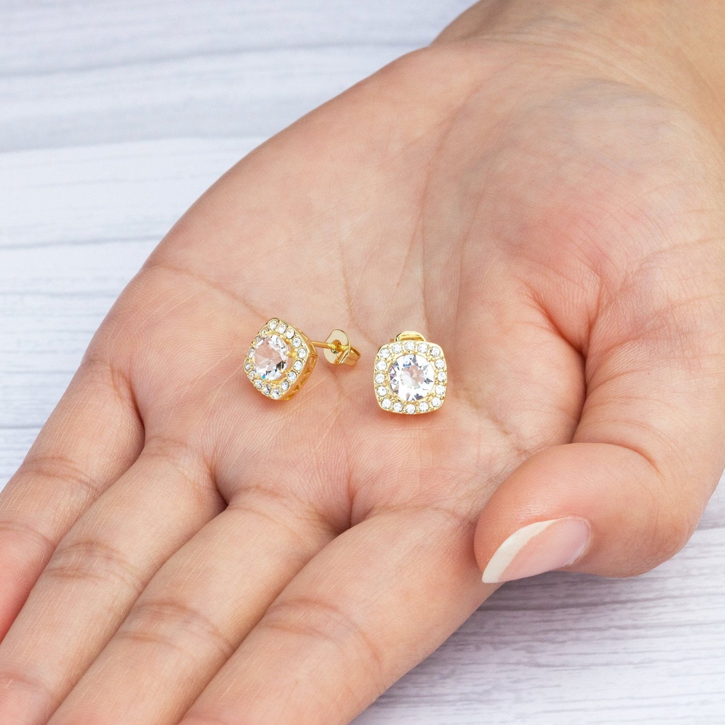 Gold Plated Square Halo Earrings Created with Zircondia® Crystals