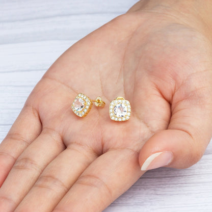 Gold Plated Square Halo Earrings Created with Zircondia® Crystals