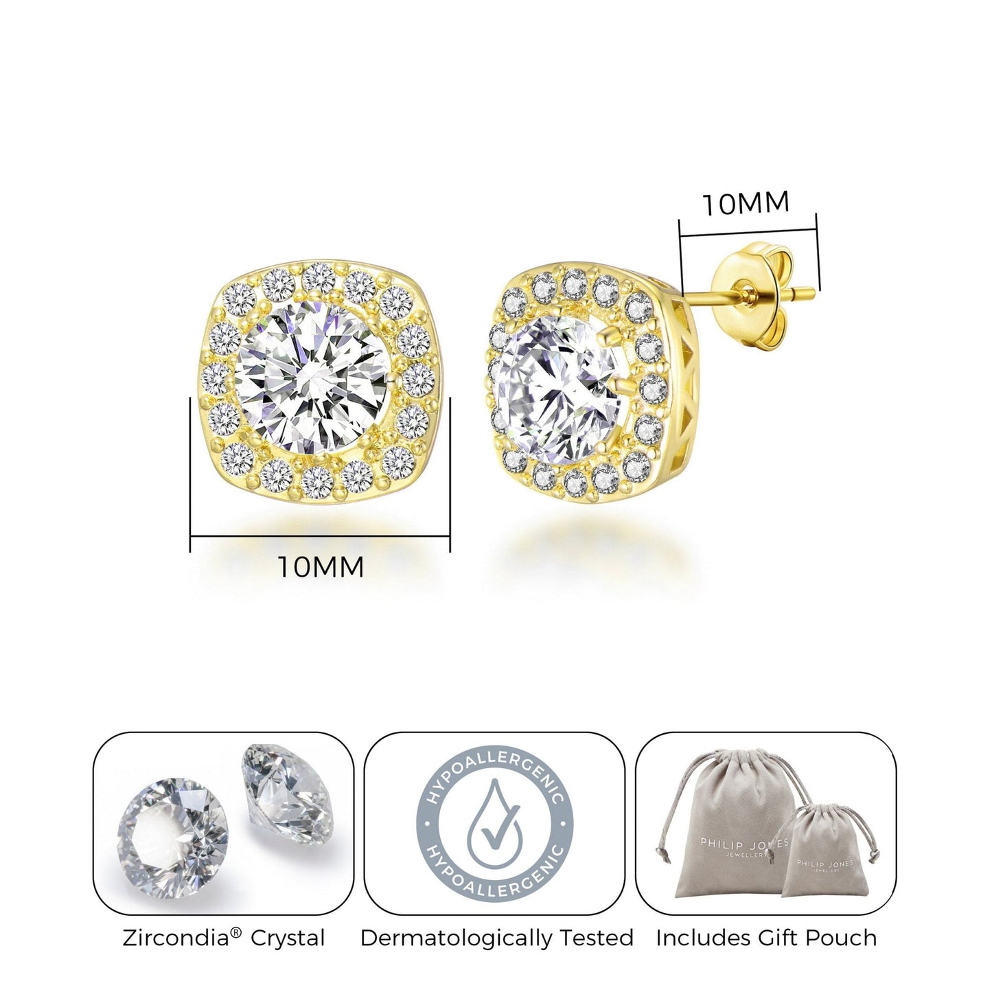 Gold Plated Square Halo Earrings Created with Zircondia® Crystals