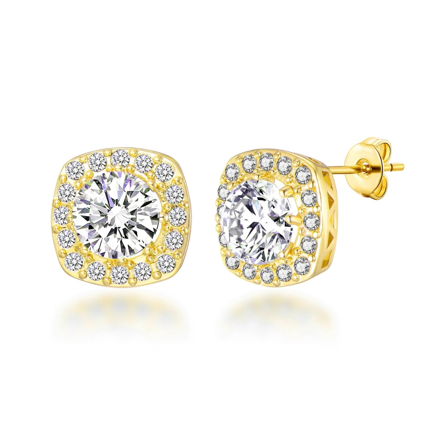 Gold Plated Square Halo Earrings Created with Zircondia® Crystals