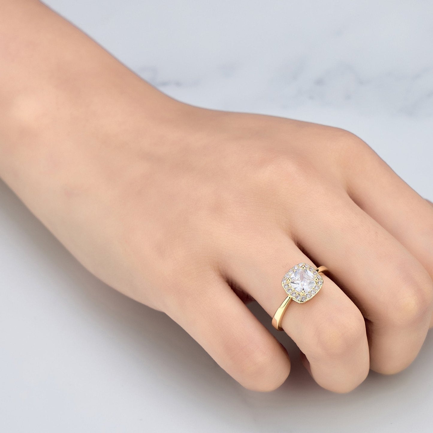 Gold Plated Square Halo Ring Created with Zircondia® Crystals