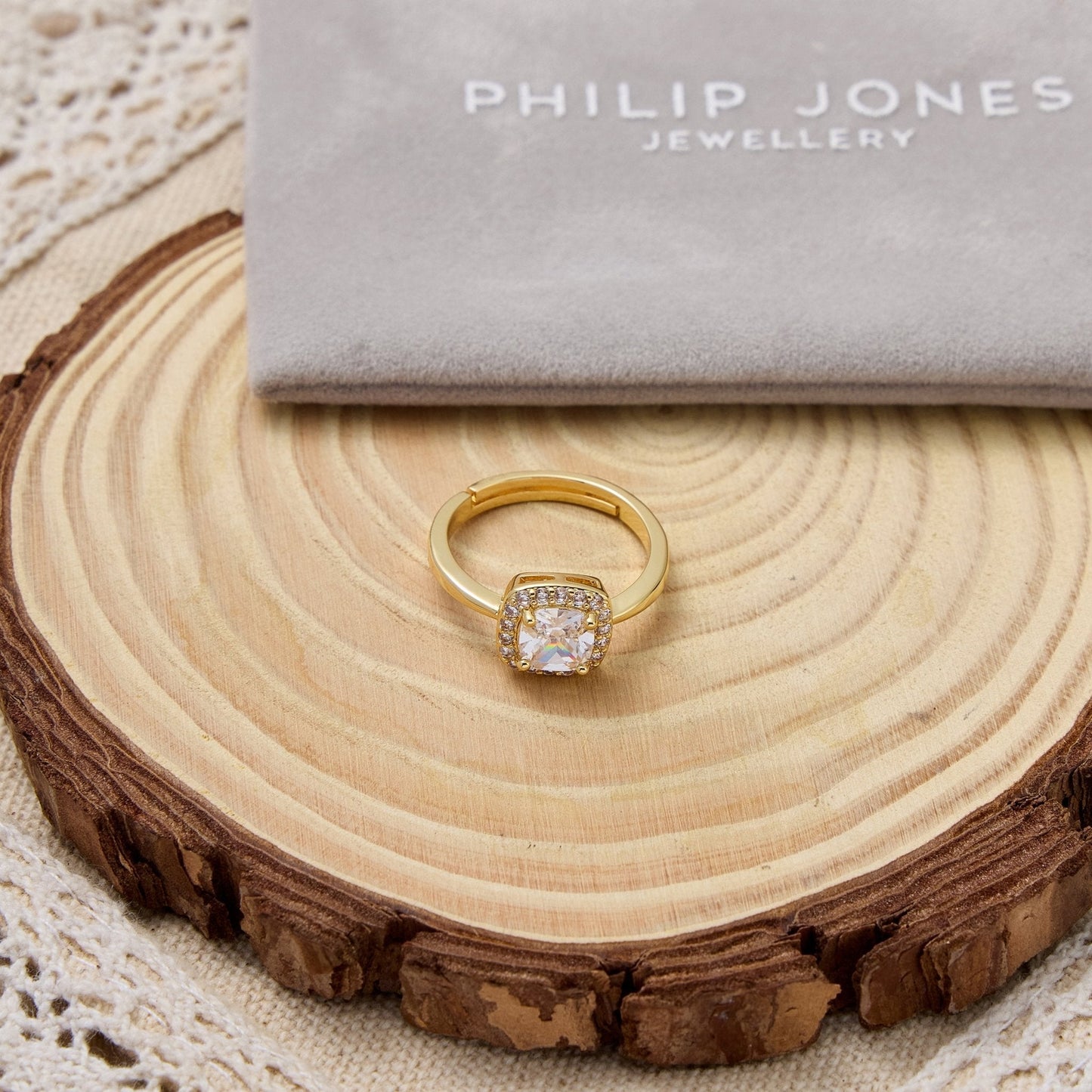 Gold Plated Square Halo Ring Created with Zircondia® Crystals