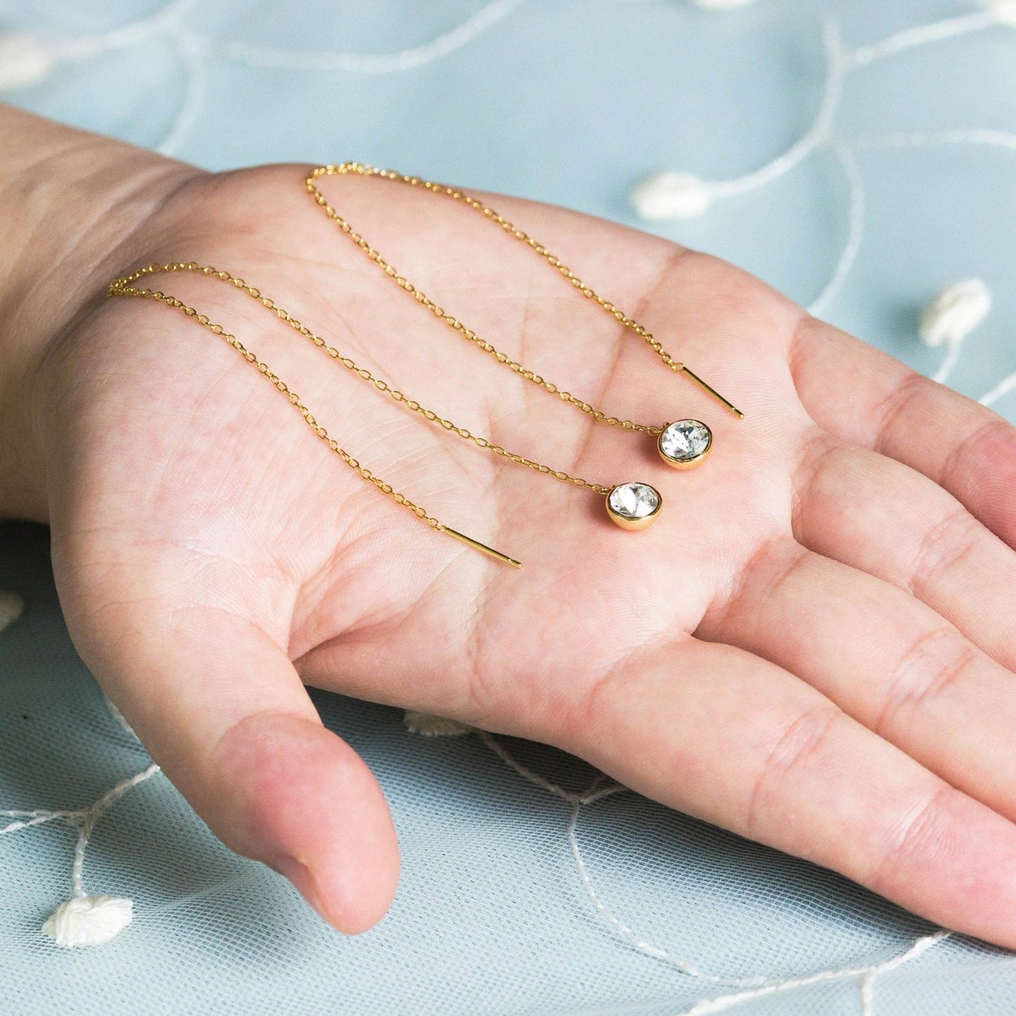 Gold Plated Sterling Silver Thread Earrings Created with Zircondia® Crystals