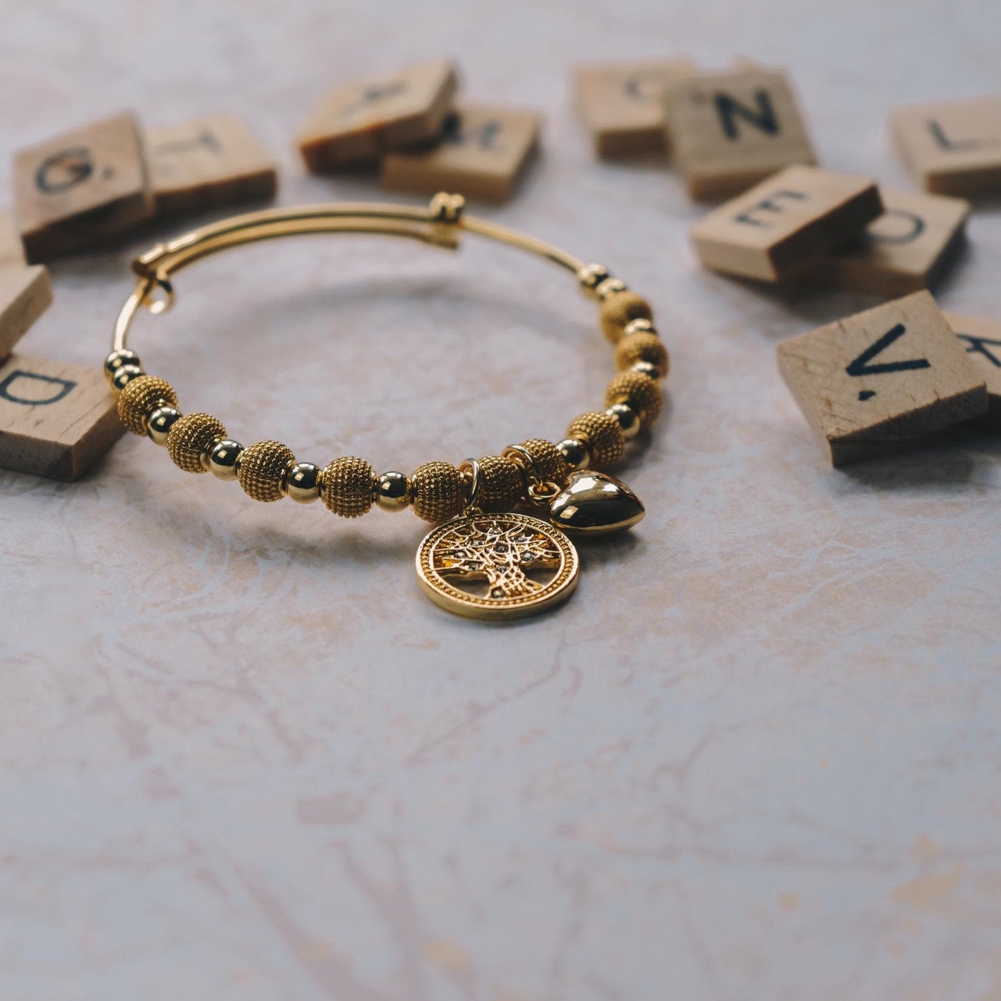 Gold Plated Tree of Life Bangle Created with Zircondia® Crystals