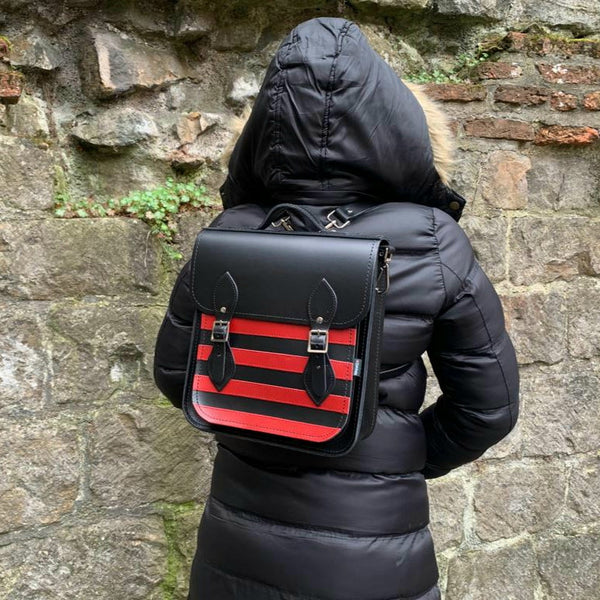 Sac à dos de ville en cuir fait main - Rayures gothiques rouges et noires