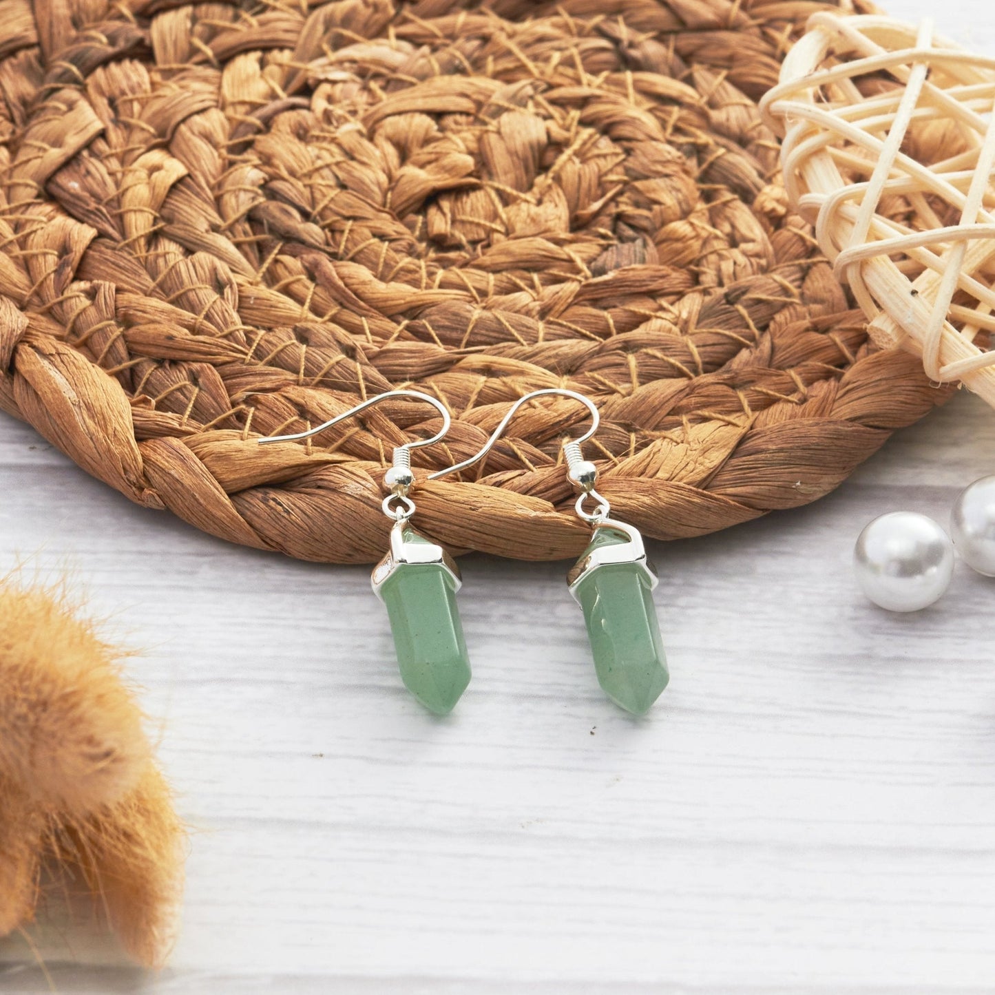 Green Aventurine Gemstone Drop Earrings with Quote Card