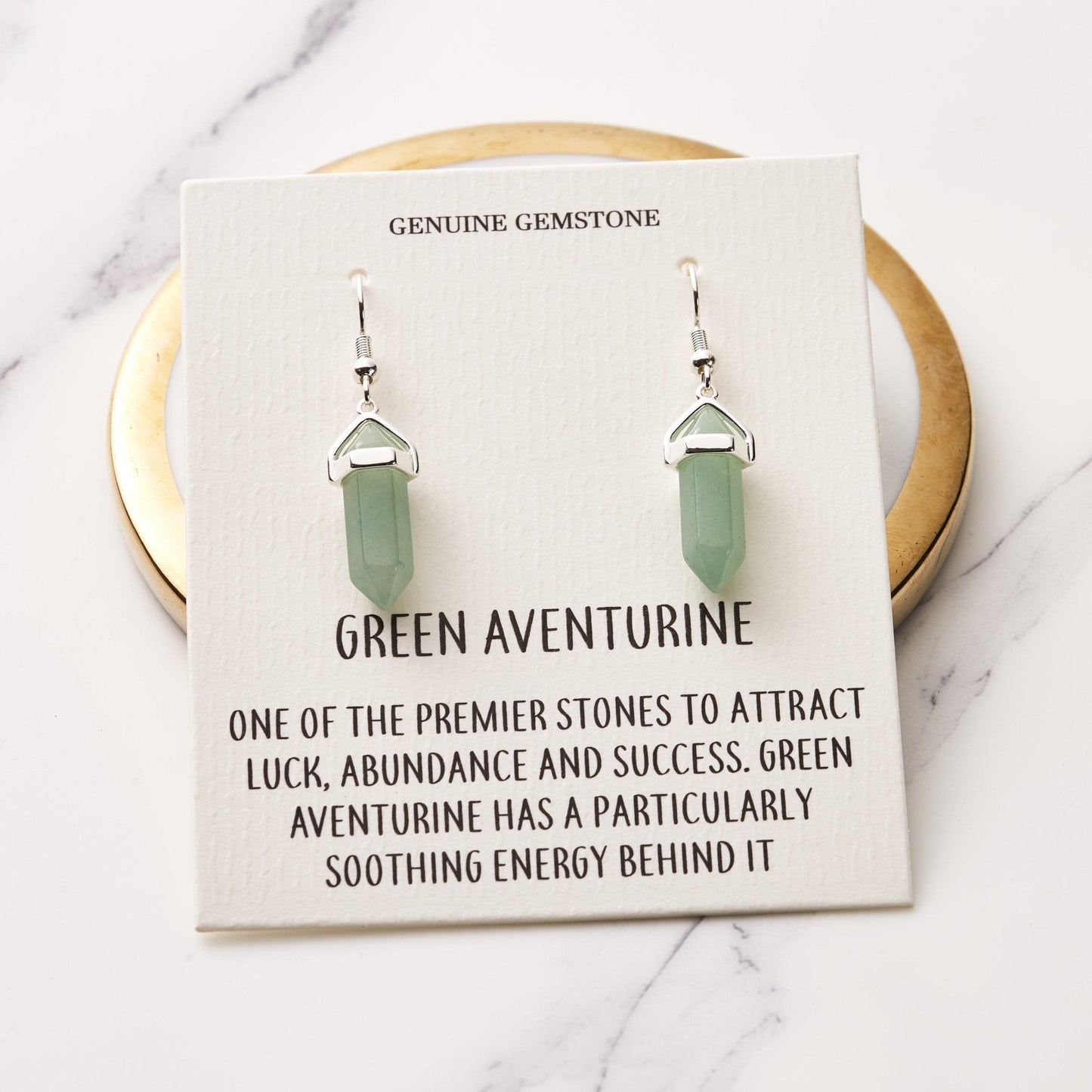 Green Aventurine Gemstone Drop Earrings with Quote Card
