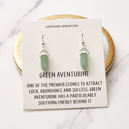 Green Aventurine Gemstone Drop Earrings with Quote Card