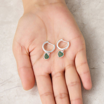 Green Aventurine Gemstone Heart Charm Hoop Earrings with Quote Card