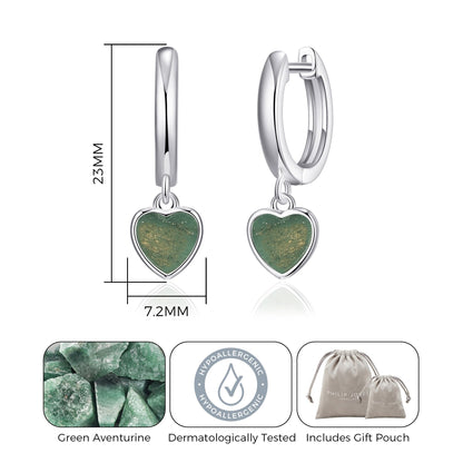 Green Aventurine Gemstone Heart Charm Hoop Earrings with Quote Card
