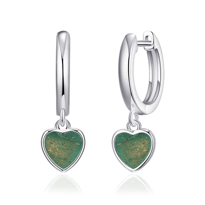Green Aventurine Gemstone Heart Charm Hoop Earrings with Quote Card