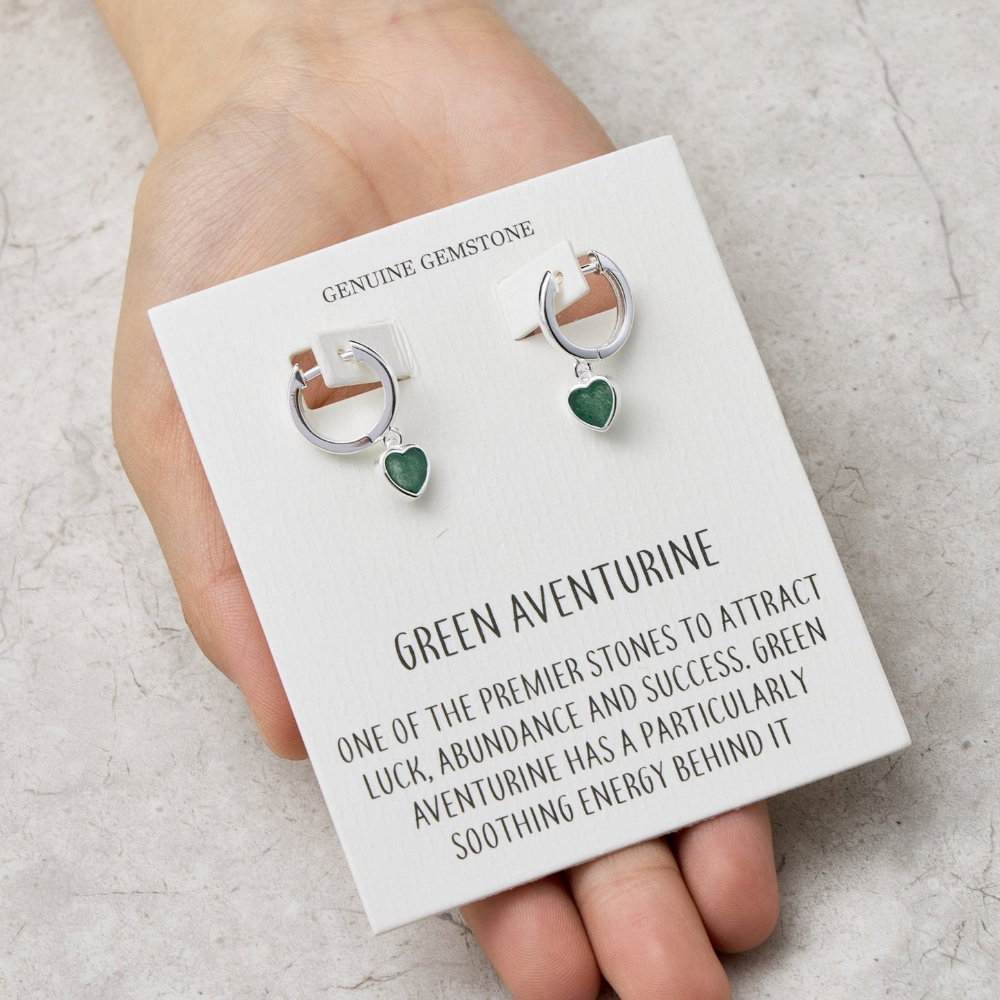Green Aventurine Gemstone Heart Charm Hoop Earrings with Quote Card