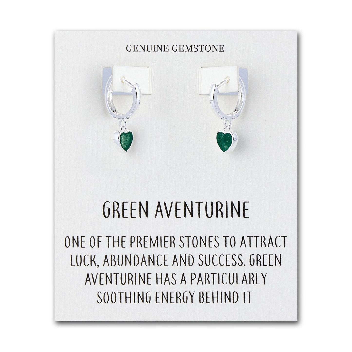 Green Aventurine Gemstone Heart Charm Hoop Earrings with Quote Card
