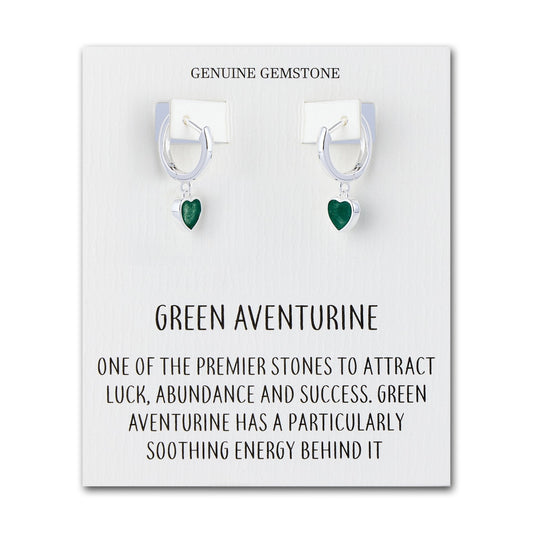 Green Aventurine Gemstone Heart Charm Hoop Earrings with Quote Card