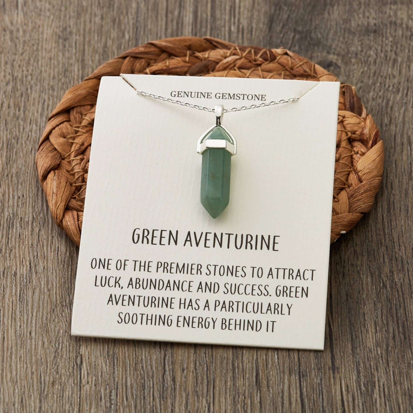 Green Aventurine Gemstone Necklace with Quote Card