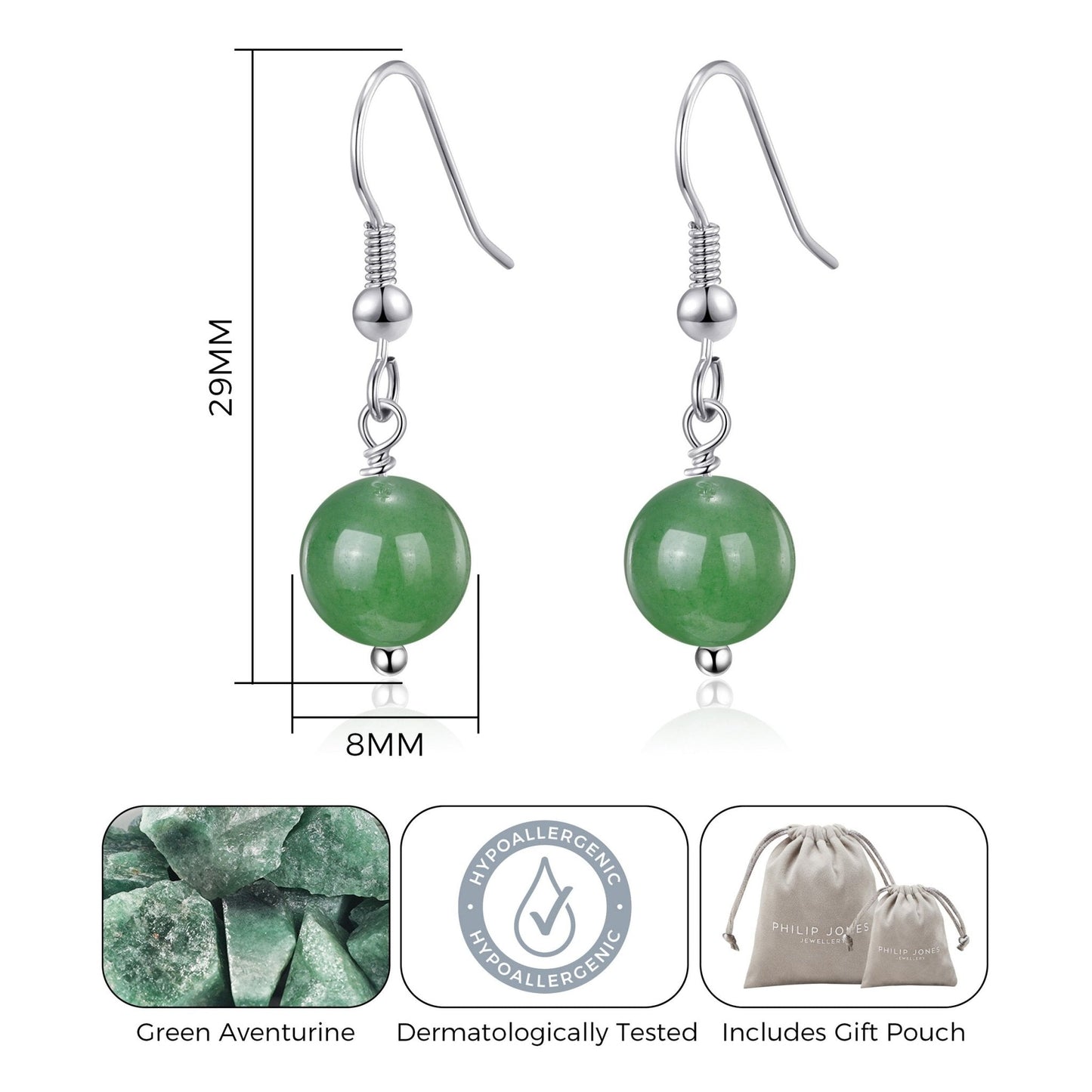Green Aventurine Gemstone Round Drop Earrings with Quote Card