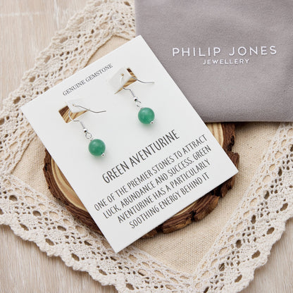 Green Aventurine Gemstone Round Drop Earrings with Quote Card