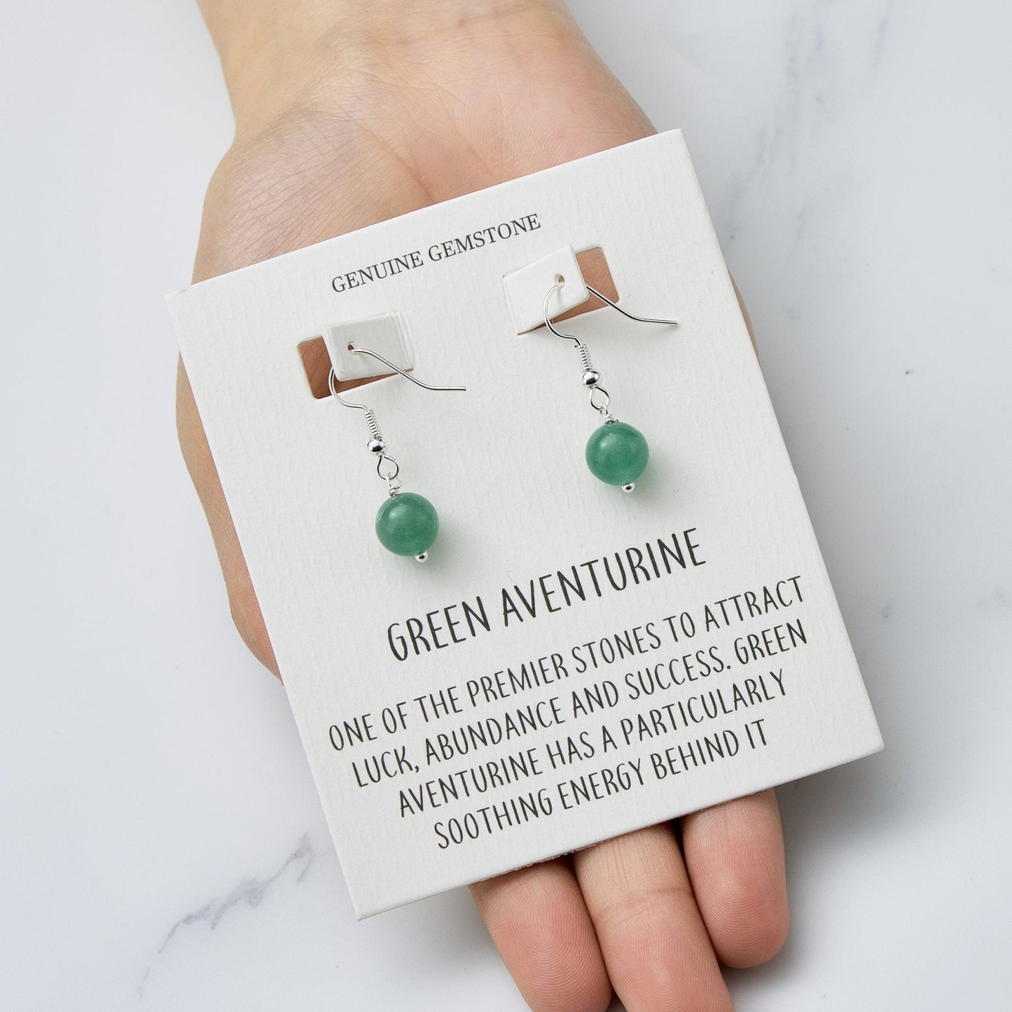 Green Aventurine Gemstone Round Drop Earrings with Quote Card